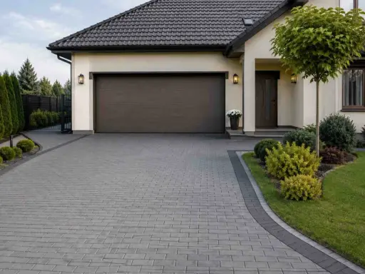 Nowy podjazd z kostki brukowej, który jest świetnym pomysłem na tani podjazd. Wokół domu zadbana zieleń i nowoczesny garaż.