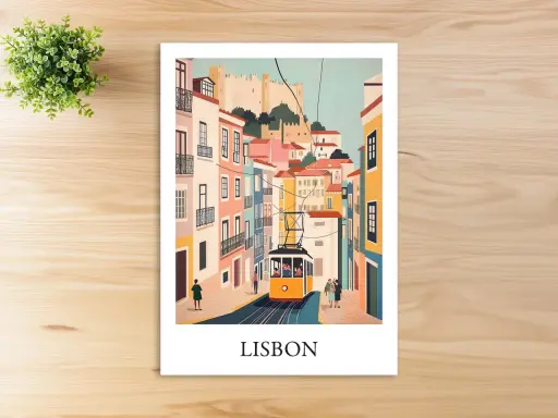 Bunte Häuserfassaden und eine gelbe Straßenbahn in Lissabon, einem Wahrzeichen Portugals. Oben thront die Burg São Jorge.