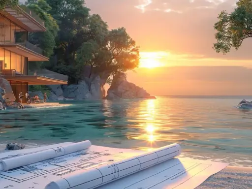 Plans d'une villa moderne sur la plage, respectant la loi littoral distance, avec une vue sur la mer au coucher du soleil.