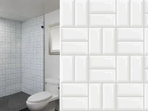 Modern bathroom with shower and toilet, showcasing creative formas de colocar azulejos rectangulares grandes en un patrón de espiga y ladrillo.