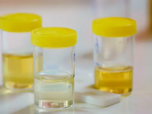 Pojemniki z żółtymi nakrętkami zawierają próbki moczu do analizy. Na stole leży też test diagnostyczny, który może wykryć np. urobilinogen w moczu.