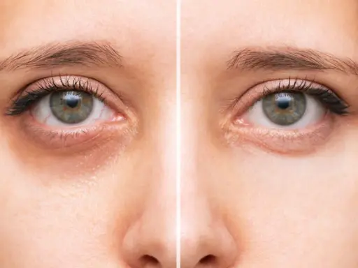 Comparaison avant/après : des yeux fatigués avec des cernes prononcés à des yeux reposés et lumineux.