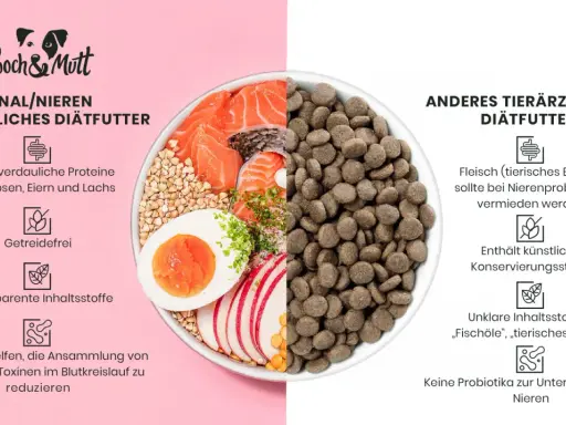 Vergleich von Nierendiätfutter: Dieses Futter mit Lachs, Ei & Erbsen ist getreidefrei. Anderes Futter meidet Fleisch, welches Fleisch bei Niereninsuffizienz?