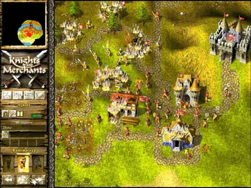 Gra Knights and Merchants: rycerze i kupcy budują zamki, walczą i handlują na zielonych wzgórzach.