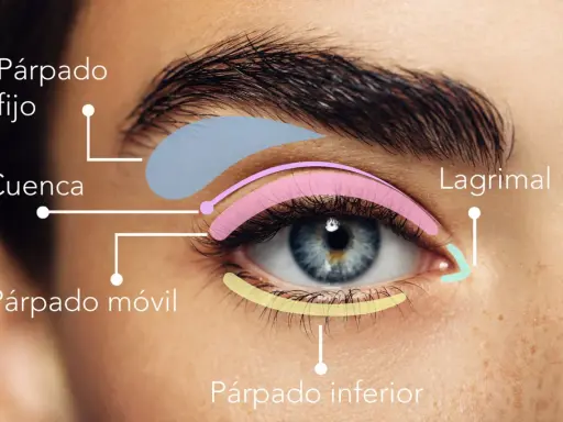 Diagrama de ojo con áreas coloreadas: párpado fijo, cuenca, párpado móvil, lagrimal y párpado inferior.