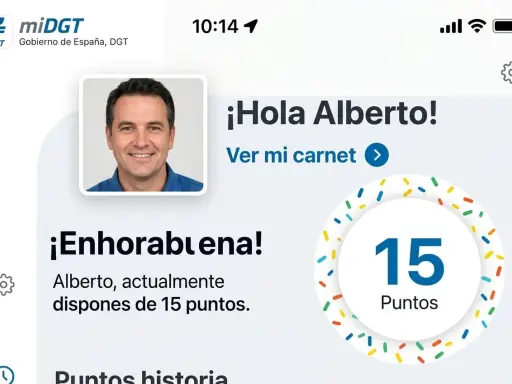 Pantalla de la app miDGT. Muestra el perfil de Alberto, su carnet con 15 puntos y la información sobre el precio del carnet de conducir B.