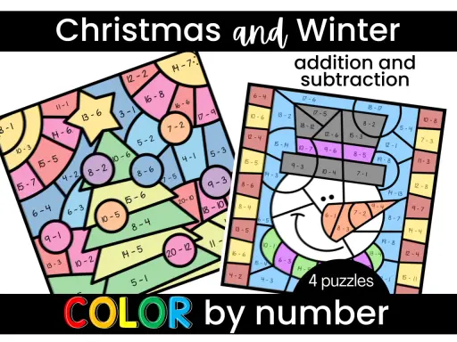 Addizioni e sottrazioni disegni da colorare con operazioni matematiche. Un albero di Natale e un pupazzo di neve composti da sezioni numerate per esercitarsi con i calcoli.
