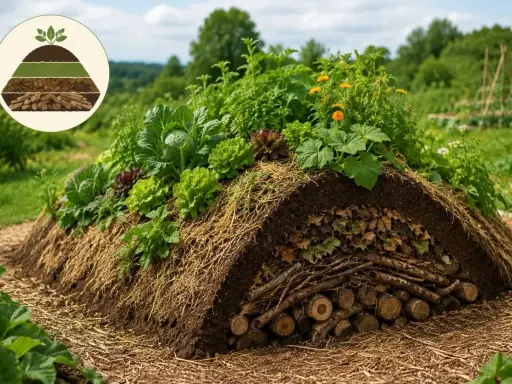 Hügelkultur : permaculture pour les nuls. Un monticule de terre et de bois, couvert de légumes variés, illustre les couches d'un jardin durable.