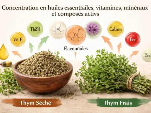 Tisane de thym : le thym frais et séché regorgent de vitamines, minéraux et flavonoïdes, essentiels pour la santé.