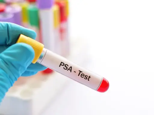 Ręka w niebieskiej rękawiczce trzyma probówkę z napisem "PSA - Test". Wynik badania psa 0.65 ng/ml.