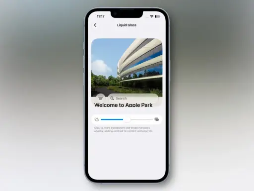 Na ekranie iPhone'a widzimy interfejs aplikacji "Liquid Glass" z widokiem na Apple Park. To przykład, jak można tworzyć prezentacje, np. na keynote.