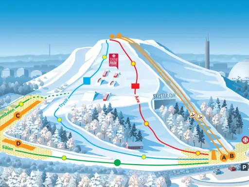 Karta över skidområden i Sverige med pister märkta Vemdalen, Sälen, Trysil och Åre. En snöpark finns på toppen.
