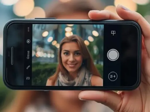 Una mujer sonríe mientras se toma un selfie. El fondo desenfocado con luces crea un efecto bokeh que es.
