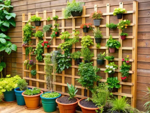 Un hermoso jardín vertical DIY con muchas plantas verdes y flores rojas y amarillas en macetas de colores, colgadas en una estructura de madera.