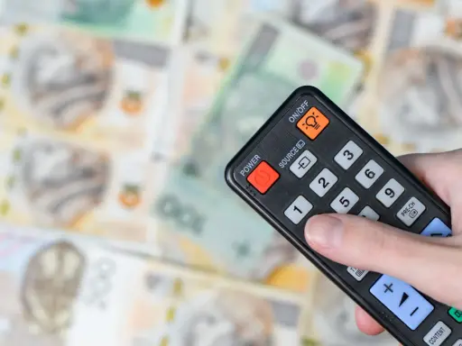 Dłoń trzyma pilota na tle polskich banknotów. Czy abonament RTV i zameldowanie mają związek z kosztami?