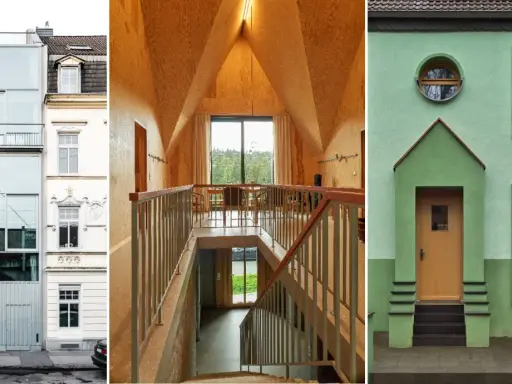 Modernisierung eines Siedlungshauses: Fassaden und Innenraum mit Holzverkleidung.