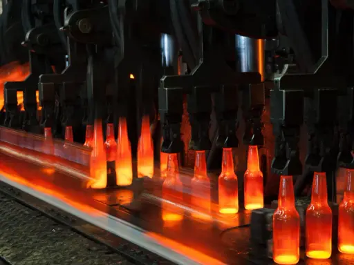 Botellas de vidrio al rojo vivo en una línea de producción, un proceso que nos recuerda quién inventó el cristal y cómo ha evolucionado.