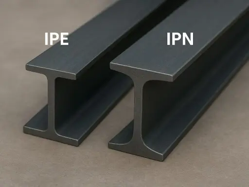 Dos perfiles de acero, IPE e IPN, muestran la diferencia entre viga IPE y IPN.