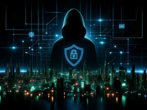 Silhouettenfigur mit Kapuze und einem Schild mit Schloss-Symbol, über einer futuristischen Stadt. Das Bild illustriert, was sind Hacker und die digitale Welt.