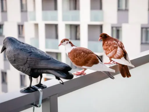 Gołębie na balustradzie, obok czarnego ptaka, którego nie lubią.