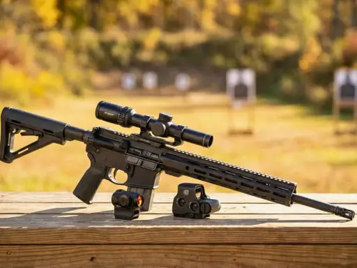 Karabin AR-15 z lunetą i dwoma kolimatorami na drewnianym stole, w tle cele strzeleckie.