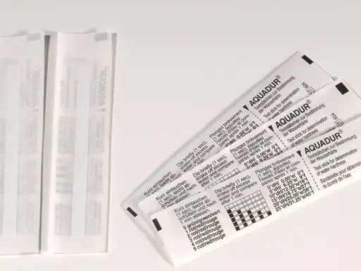 Bandelettes test Aquadur pour déterminer la dureté de l'eau. Instructions en plusieurs langues.