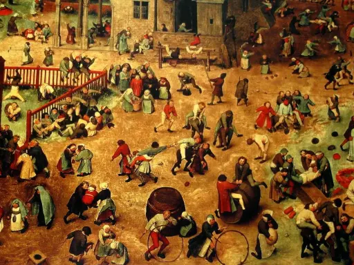 Adelige Kinder im Mittelalter spielen ausgelassen auf einem belebten Platz. Sie reiten auf Fässern, schaukeln und jagen sich.