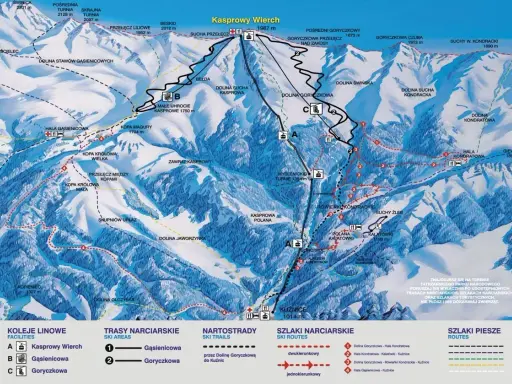 Mapa Tatr z zaznaczonymi trasami narciarskimi na Kasprowy Wierch. Widoczne koleje linowe i szlaki.