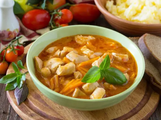 Aksamitny gulasz z piersią z kurczaka z marchewką, udekorowany bazylią. Obok kromki chleba i miska purée ziemniaczanego.