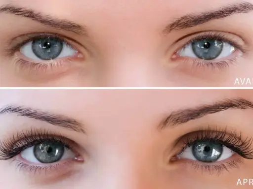 Avant/Après : des yeux bleus aux cils naturels, puis des cils longs et volumineux, posés cil à cil pour un regard de biche.