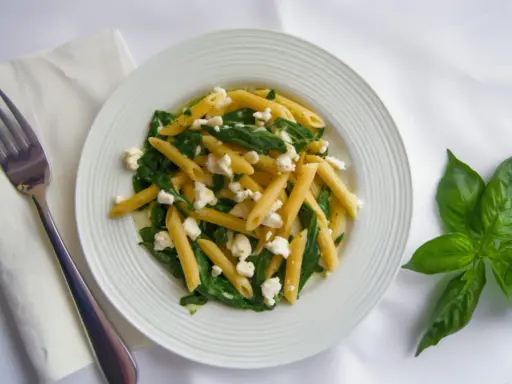 Pyszny makaron penne ze szpinakiem i twarogiem, udekorowany listkami bazylii. Obok leży widelec i biała serwetka.