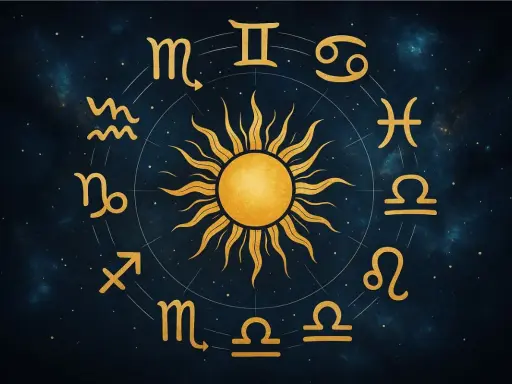 Złoty horoskop tygodniowy baran miłosny. Słońce w centrum, otoczone znakami zodiaku na tle kosmosu.