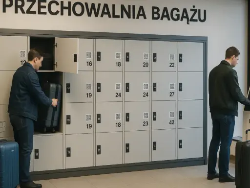 Nowoczesna przechowalnia bagażu Katowice PKP. Mężczyzna chowa walizkę do szafki, inny korzysta z terminala.