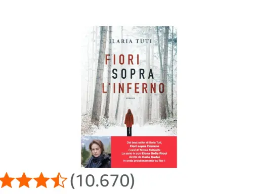 Copertina del libro "Fiori sopra l'inferno" di Ilaria Tuti. Una ragazza in rosso cammina in un bosco innevato. La trama del libro è un giallo avvincente.