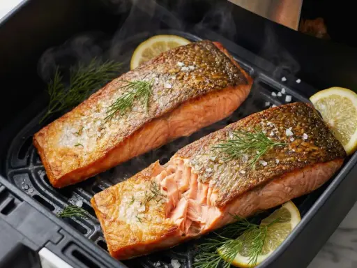 Zwei saftige Lachsfilets mit knuspriger Haut, garniert mit Dill und Zitrone, dampfen im Airfryer.