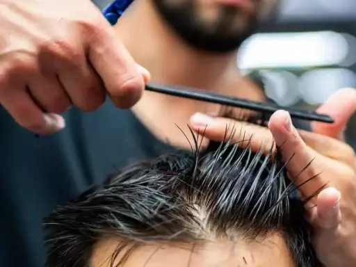 Strzyżenie męskie dla początkujących: fryzjer precyzyjnie modeluje mokre włosy klienta nożyczkami i grzebieniem.