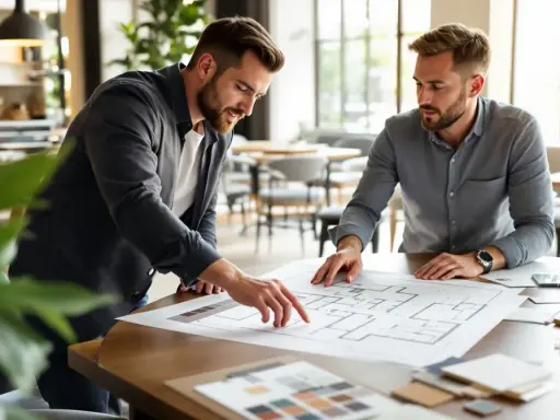 Deux hommes discutent d'un plan d'architecte, évoquant une époque de restauration et de renouveau.