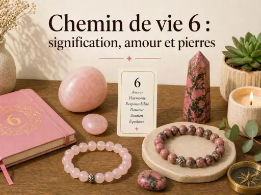 Ambiance zen avec des pierres roses, un carnet et une carte "Chemin de vie 6". La symbolique du 6 est explorée à travers l'amour, l'harmonie et le soutien.