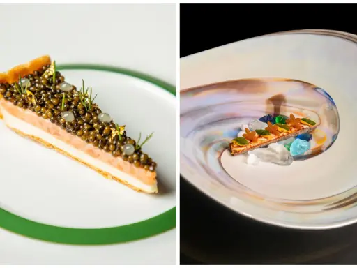 Dos postres de alta cocina, uno con caviar y salmón, otro con cristales de colores. ¿Cuántas estrellas Michelin se pueden tener con tanta exquisitez?