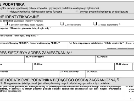 Formularz podatkowy z sekcjami B.1, B.2 i B.3, zawierający dane identyfikacyjne, adresowe i dodatkowe podatnika, w tym pole na numer identyfikacyjny REGON lub PESEL, istotne dla rozliczeń vat.
