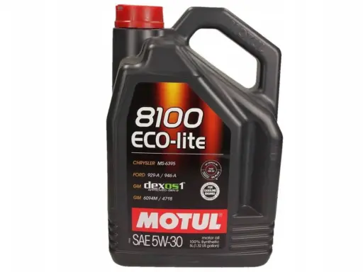 Czarna bańka oleju silnikowego Motul 8100 ECO-lite SAE 5W-30 z czerwonym korkiem.