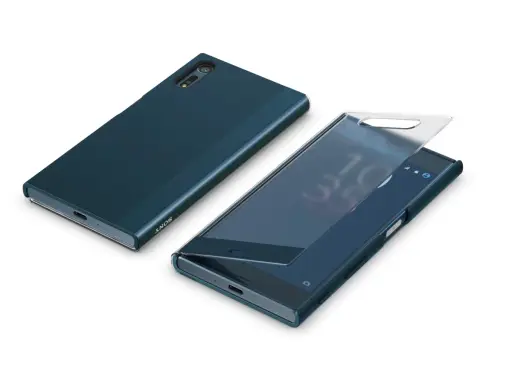 Dwa granatowe etui na telefon, jedno z widocznym logo SONY, drugie z otwartą klapką na ekranie smartfona sony xperia xt mobile.