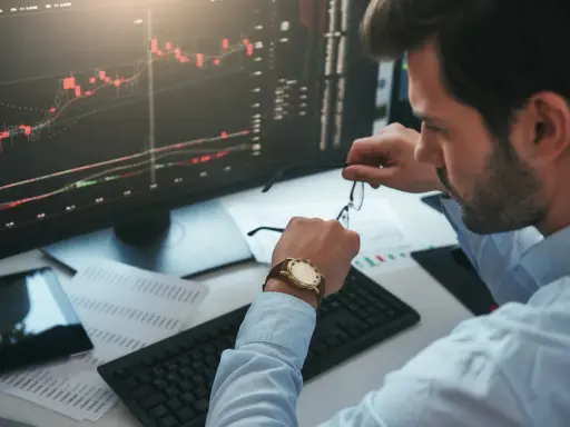 Un trader regarde sa montre, un chronophage qui le rappelle à l'ordre face aux graphiques boursiers.