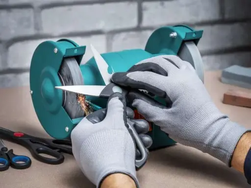 Manos enguantadas afilando tijeras de podar en una amoladora, chispas vuelan.