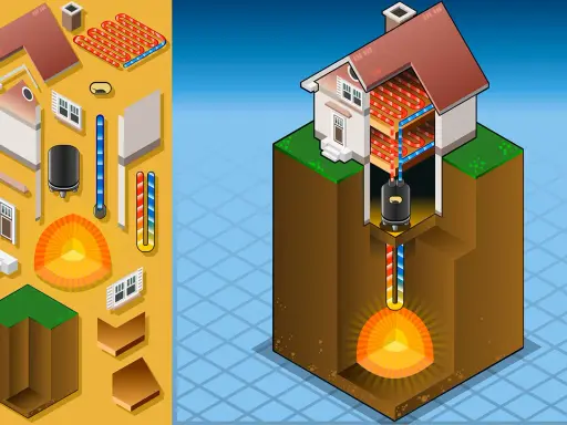 Schéma d'une maison avec une pompe à chaleur géothermique. Le système utilise la chaleur du sol pour chauffer la maison, illustrant le cycle de l'énergie.