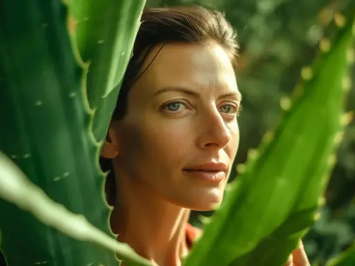 Donna con pelle luminosa tra foglie di aloe vera, un esempio di come applicare aloe vera sulla pelle per un effetto naturale e rinfrescante.