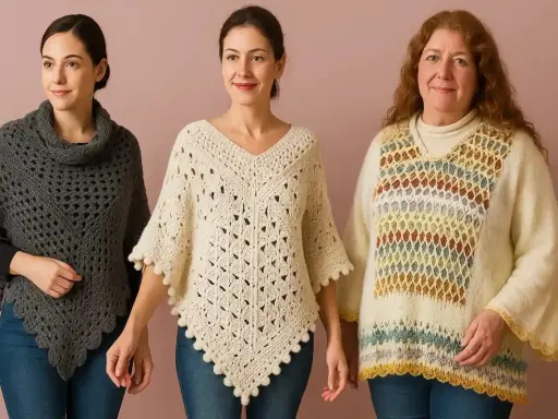 Tres mujeres lucen ponchos de crochet. El del centro, un patrón poncho abierto crochet color crema, es el más destacado.