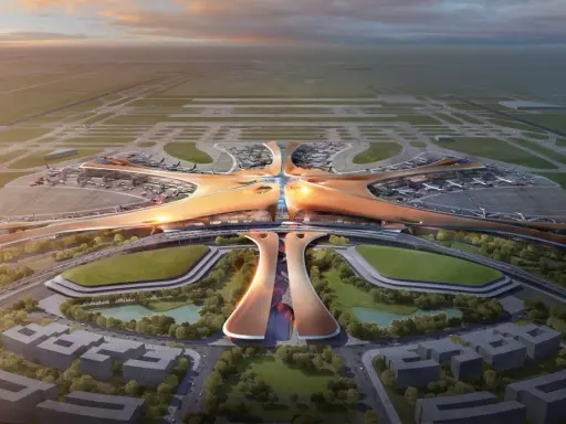 Futurystyczny terminal lotniczy, przypominający rozgwiazdę, z licznymi samolotami na płycie. To wizja największego lotniska na świecie.