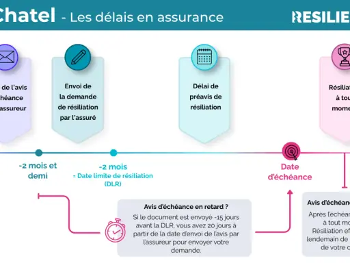 Chronologie des délais pour une radiation d'assurance habitation selon la loi Chatel : envoi de l'avis, demande de résiliation, préavis et date d'échéance.