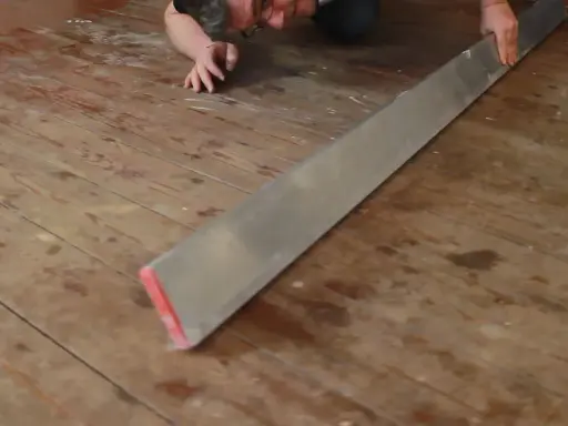 Mann verlegt Dielenboden, hält ein langes Metallwerkzeug, um die Bretter auszurichten.